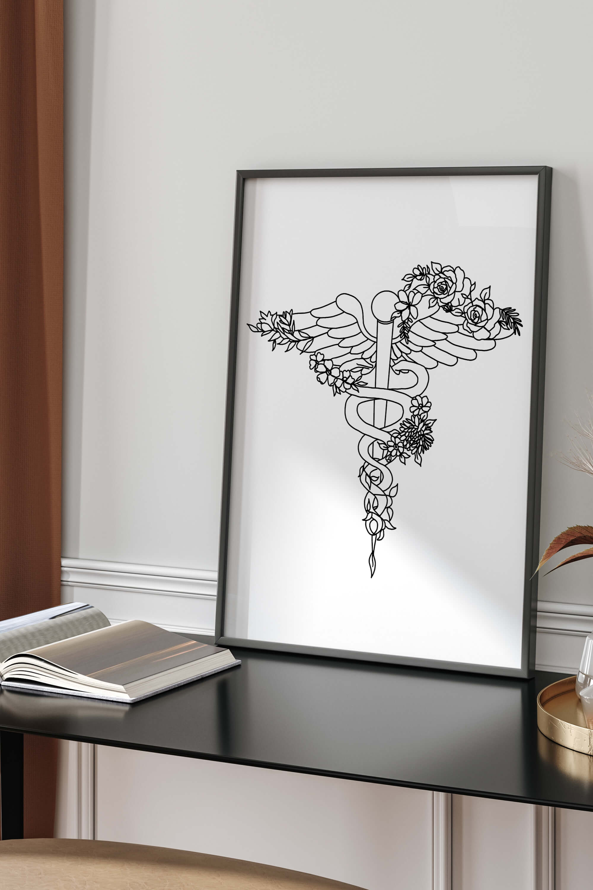 Immersive floral caduceus art print, blending medical symbolism with natural aesthetics. Elevate your healing space with the harmony of nature and medical prowess.