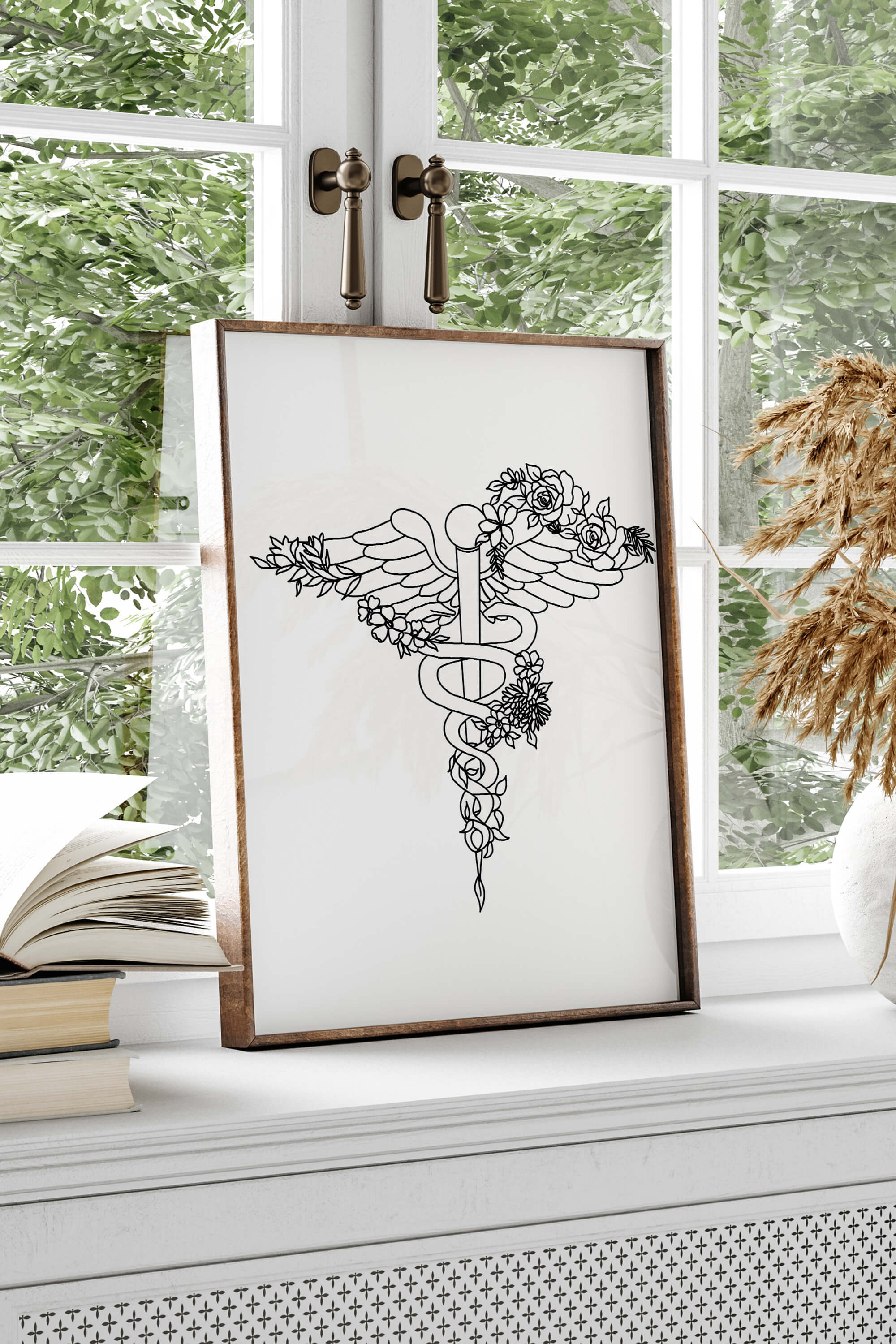 A black and white poster with intricate line art, seamlessly blending into modern therapist office decor. Simplicity reflecting clarity and focus in the medical profession.