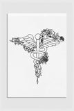 Monochrome wall art for therapists, featuring a botanical caduceus symbol in black and white. Perfect for creating a calming atmosphere in healthcare spaces.
