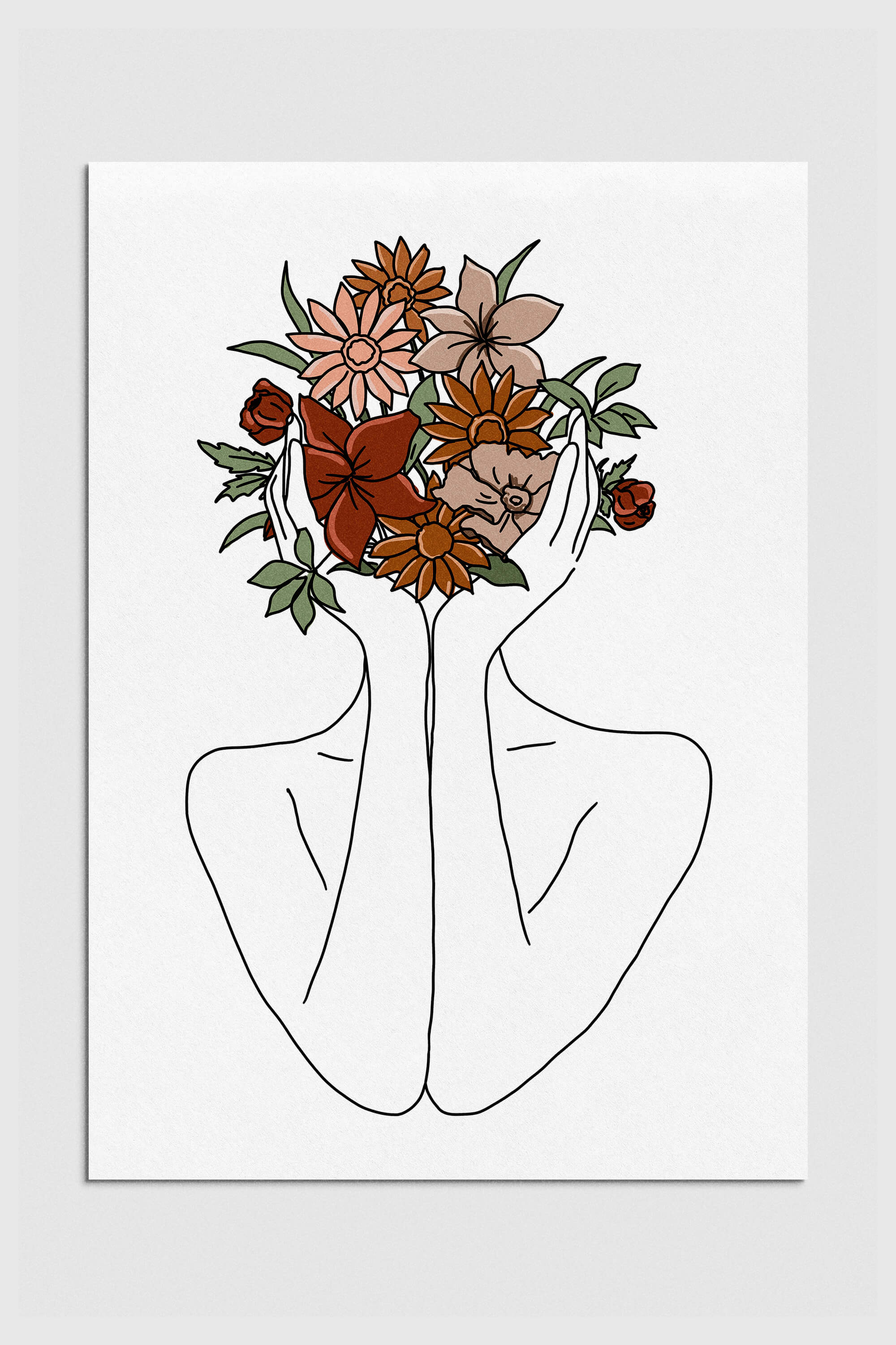 Flower Head Line Drawing, Woman With Flowers Portrait Print