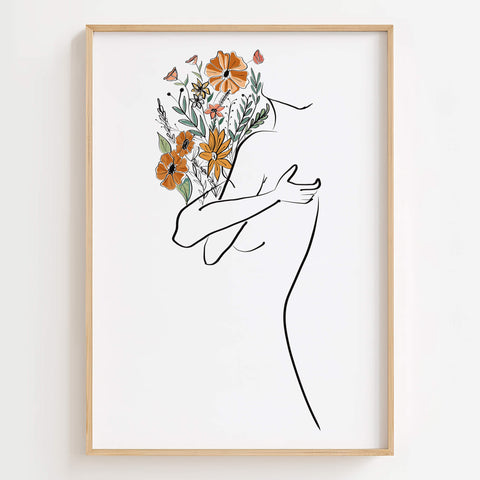 Abstract line art of a woman holding a bouquet of flowers