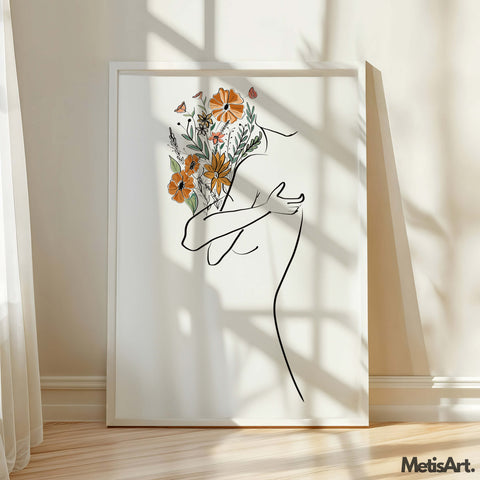 Abstract floral design with woman hugging a bouquet in modern minimalist style