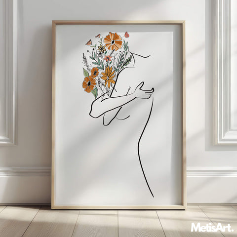 Modern minimalist art of a woman with flowers in her arms