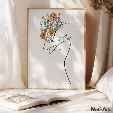 Close-up of floral bouquet embraced by a woman in minimalist art