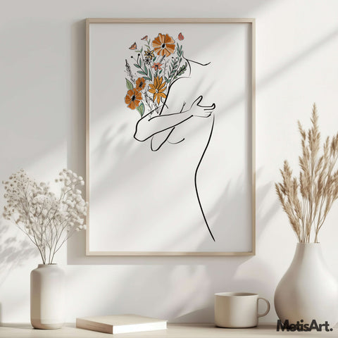 Line drawing of woman with orange flowers in a delicate embrace