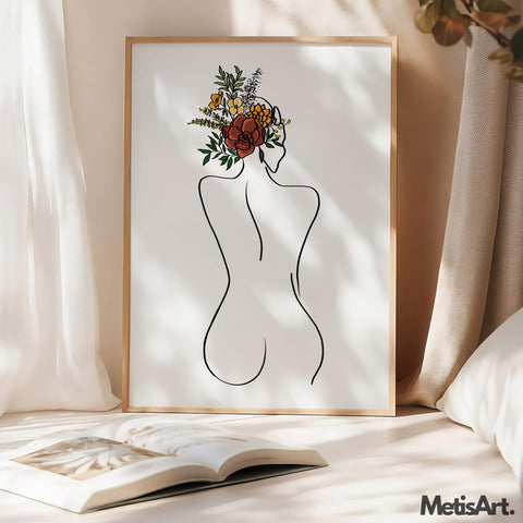 Abstract Floral Head Woman Art Print on Living Room Wall