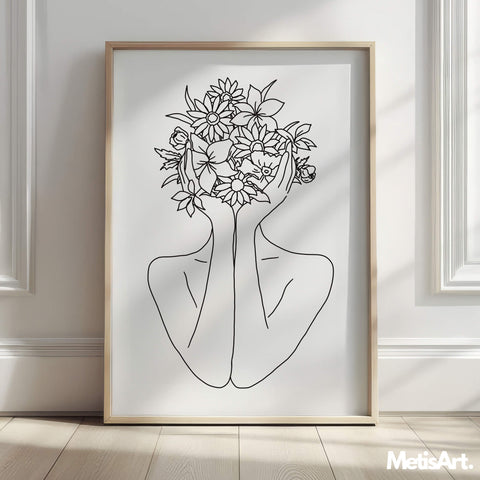 Close-up of monochrome line drawing of a woman with a floral head, showcasing intricate detail.