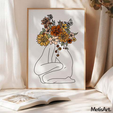 A colorful flower head drawing, adding trendy and vibrant couple wall art to any living room.