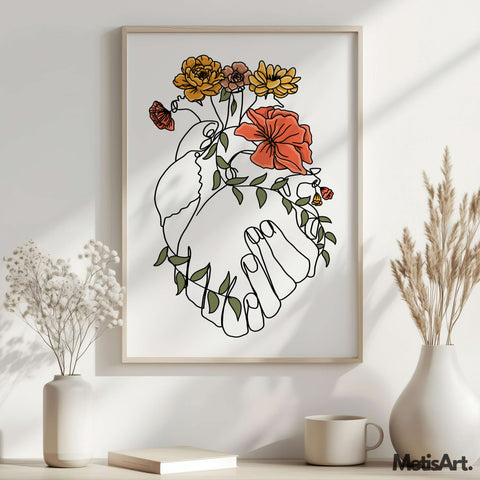 Aesthetic flower line art featuring a heart design, perfect for bedroom wall decor for couples.