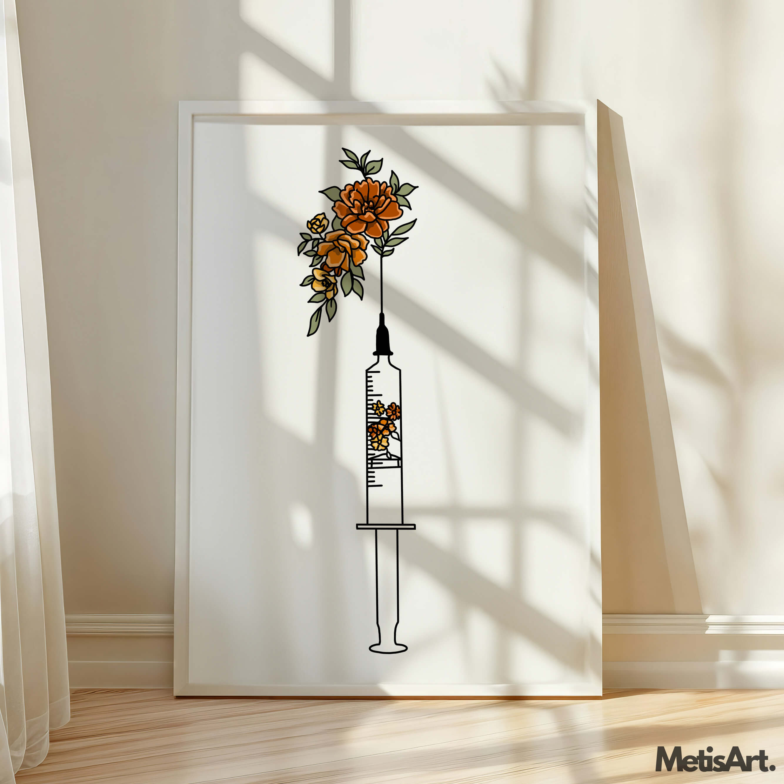 Framed Floral Syringe Art Print in a Professional Medical Office