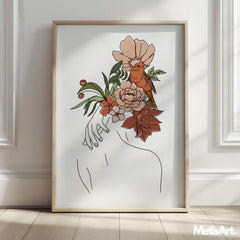 Elegant Floral Woman Back Line Art Print in Contemporary Bedroom