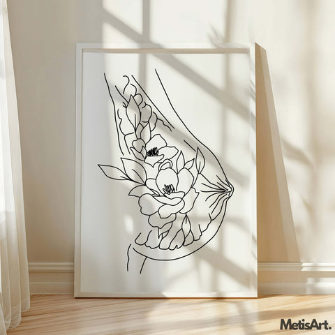 Feminist Empowering Woman Art Print with a floral and anatomical design hanging in a modern living room.