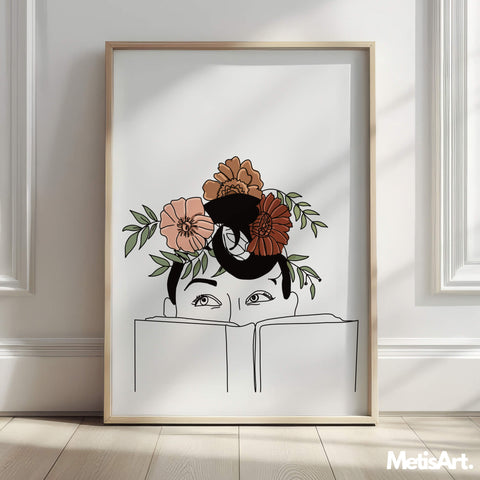 Floral Head Woman Reading Art Print in Boho Reading Nook
