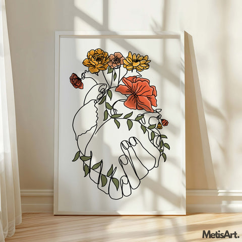 A colorful and modern floral heart print, an ideal wedding anniversary gift for couples.
