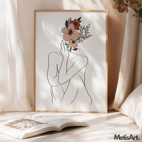 Flower Head Sitting Woman Line Art - Empowering Feminine Wall Decor