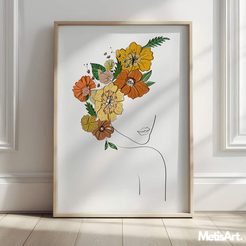 Flower Head Woman Wall Art in Boho Bathroom Setting