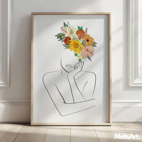 Flower Head Woman Line Art Print in Modern Home Decor