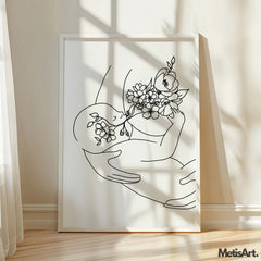 Floral Mother and Baby Art Print hanging in a cozy bedroom as a beautiful addition for new moms.