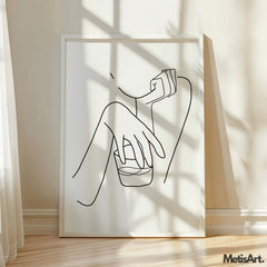 Elegant woman holding whiskey glass depicted in line art, displayed in a refined lounge setting.