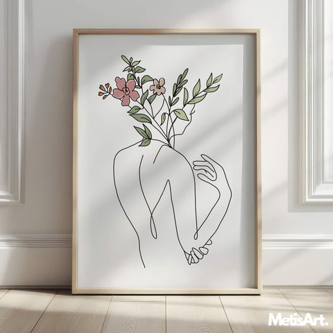 Nature-Inspired Woman Back Line Art Print in Modern Bedroom