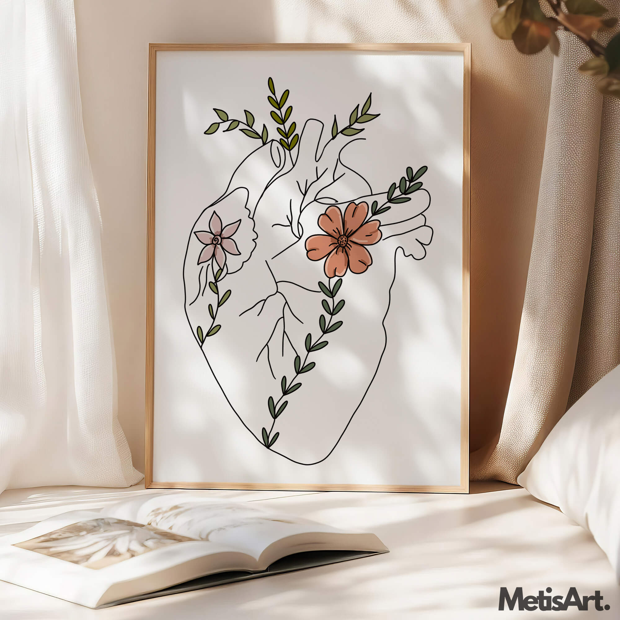 Heart Anatomy Art - Floral Heart Drawing on White Background