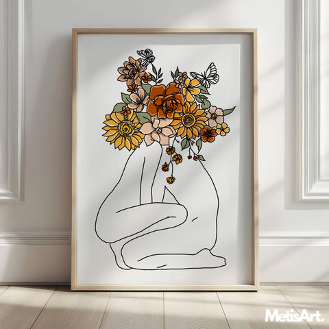 Close-up of abstract flower head couple body line art, ideal for romantic and chic bedroom wall decor.