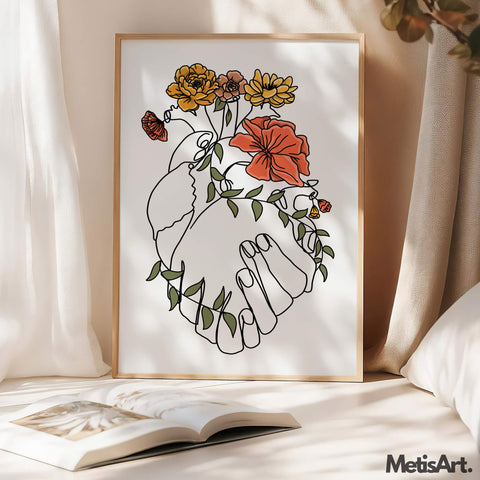 A beautiful floral heart anatomy art print, perfect for couples looking for unique wall art.