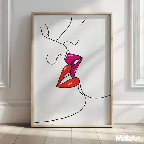 Close-up of a minimalist illustration of a lesbian couple in a kiss, perfect for romantic home decor.