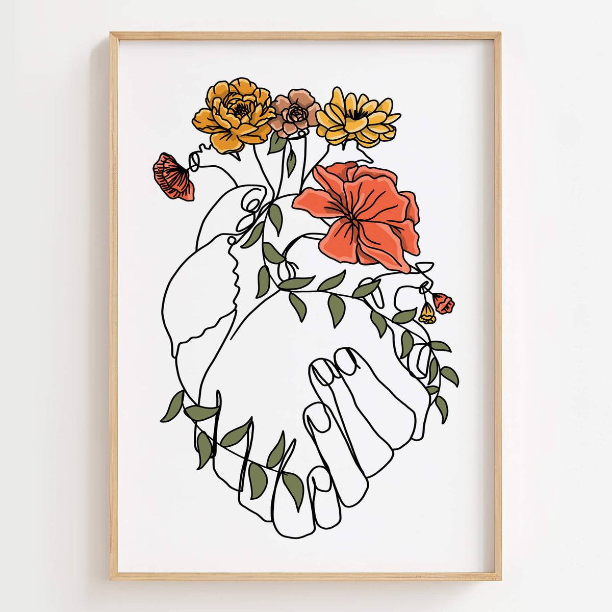 A vibrant and colorful floral heart art print, perfect for anniversary or wedding wall decor.