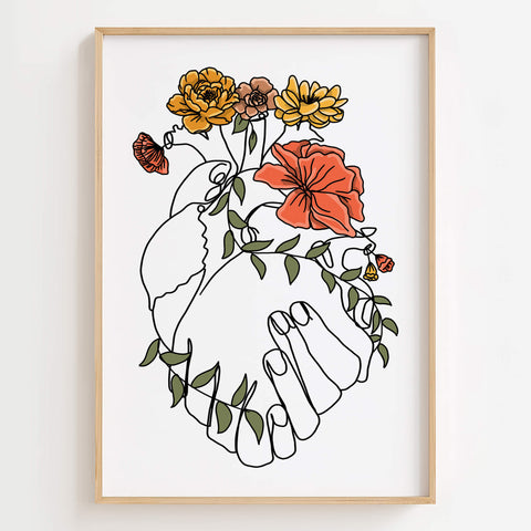 A vibrant and colorful floral heart art print, perfect for anniversary or wedding wall decor.