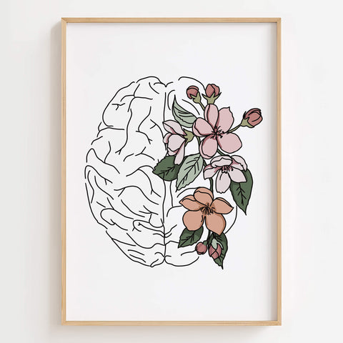 Floral Brain Anatomy Wall Art with Floral Line Art Design