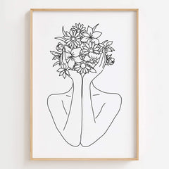 Floral Head Woman Line Art Print displayed in a modern living room with minimalist decor.