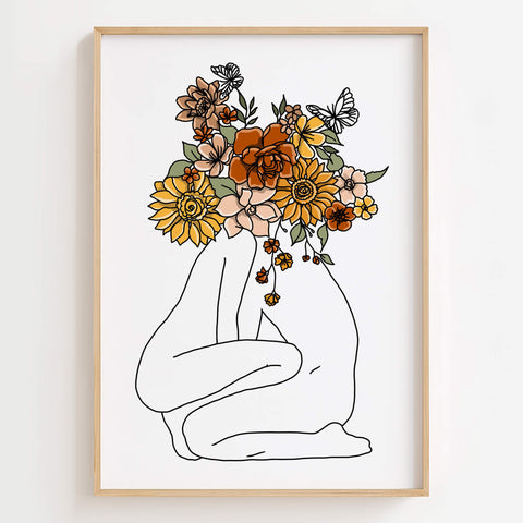 A modern floral love art print featuring a couple with flower heads, perfect for trendy bedroom or living room decor.