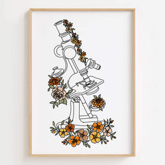 Floral microscope art print on a white background featuring vibrant flowers and scientific imagery
