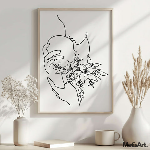 Floral Mother Love Art Print featuring colorful floral details and a tender mother-baby scene.