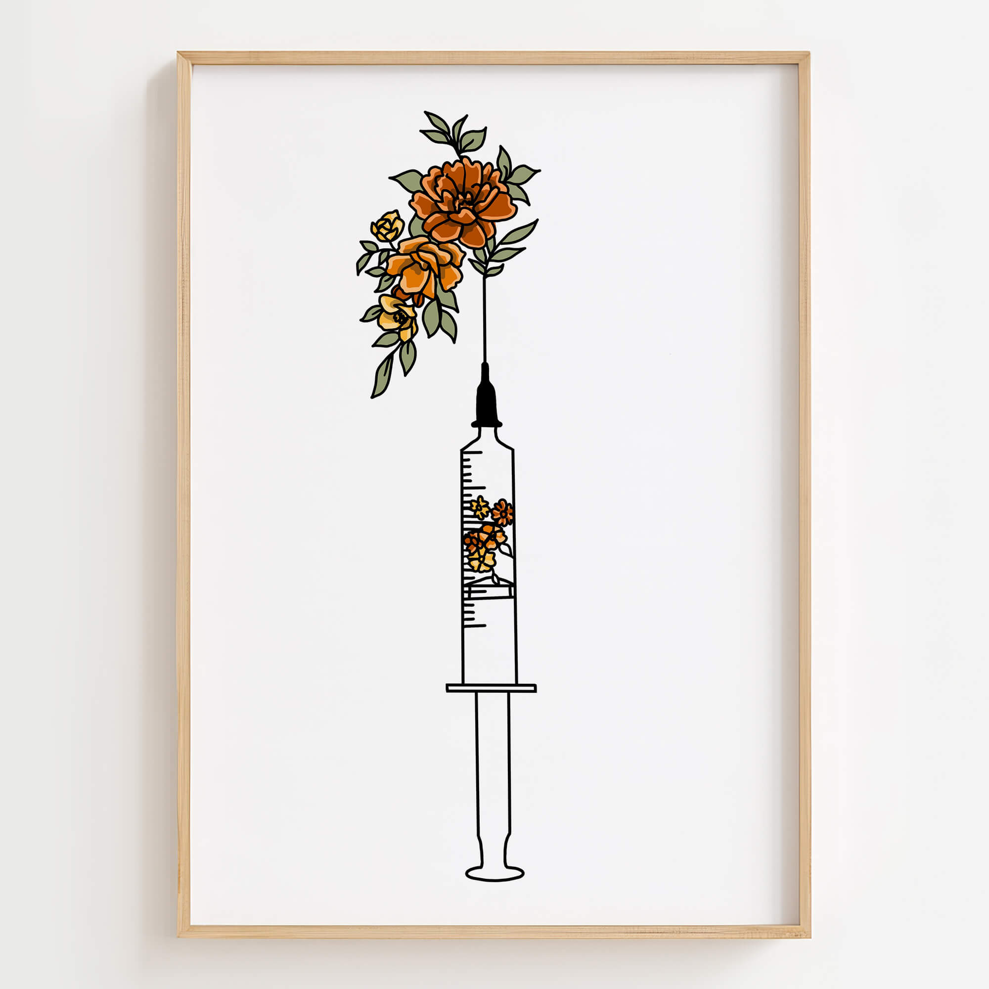 Floral Syringe Art Print Decor in Nurse Office with Plant