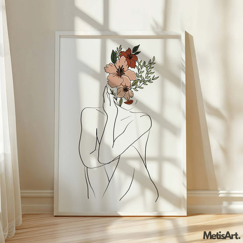 Flower Head Sitting Woman Line Art - Empowering Feminine Wall Decor