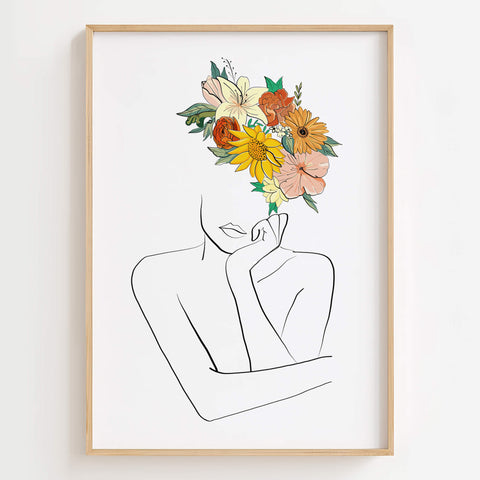 Flower Head Woman Line Art Print with Floral Design