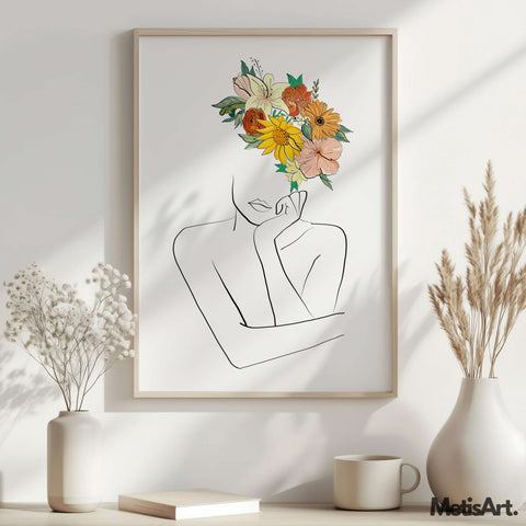 Flower Head Woman Line Art Print on Wall