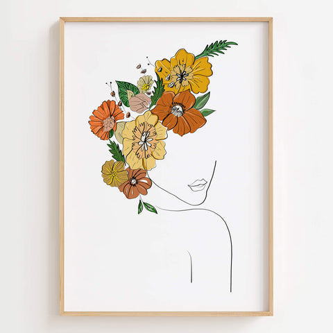 Flower Head Woman Wall Art with Vibrant Floral Design