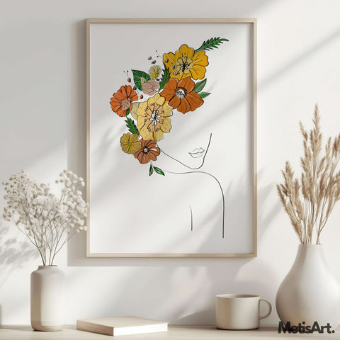 Flower Head Woman Wall Art Print on White Wall