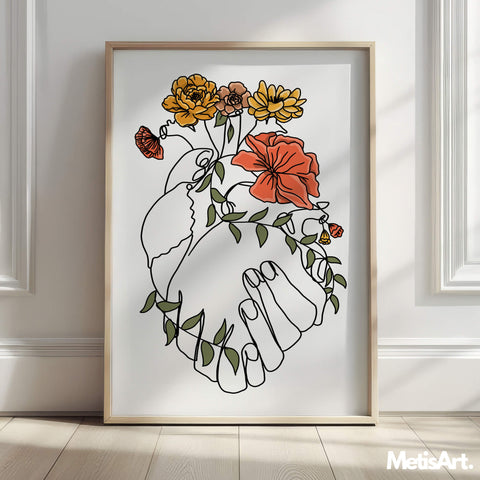 Close-up of floral heart line art, ideal for romantic bedroom wall decor.