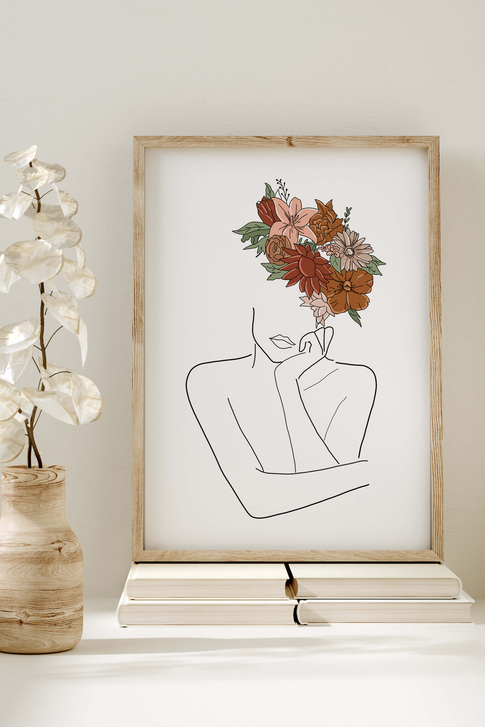 Introspective art print featuring a woman with a flower head, perfect for adding elegance and reflection to any room.
