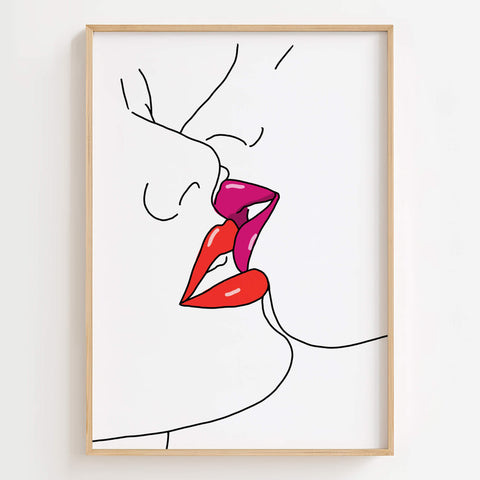 A romantic kissing love line art print, ideal for lesbian couple wall decor and celebrating affection.