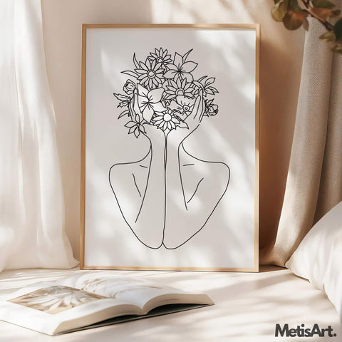 Abstract floral woman art in a minimalist bedroom, adding a modern artistic touch to the decor.