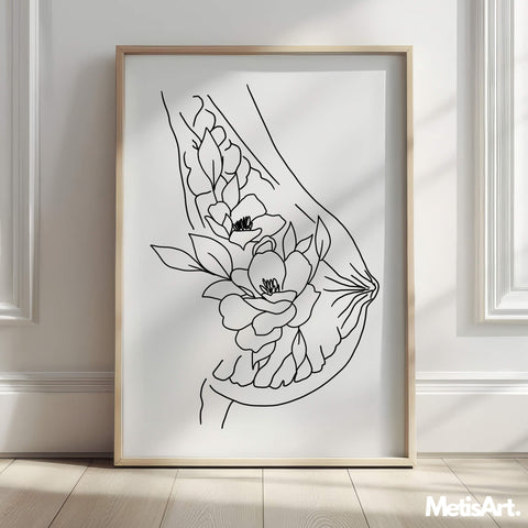 Close-up of Empowering Woman Poster featuring monochrome floral and anatomical line art.