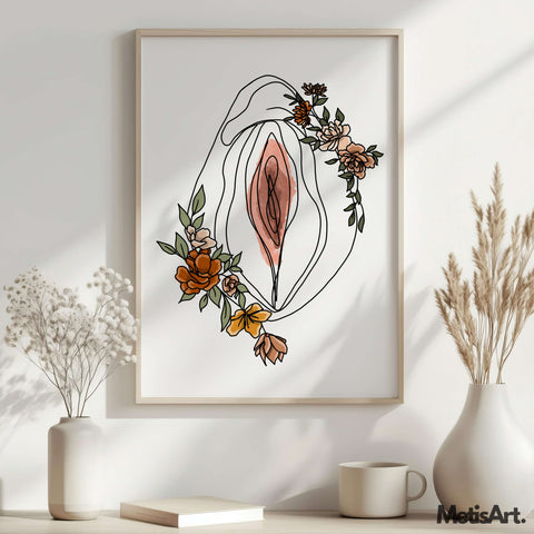 A vibrant feminist art print with a floral line drawing of female anatomy, perfect for modern and empowering decor.