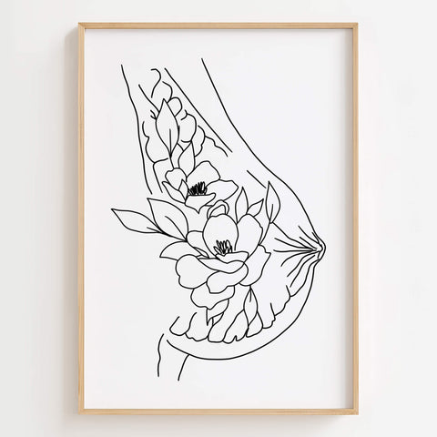 Monochrome Floral Breast Line Art Print displayed in a professional doctor’s office as empowering artwork.