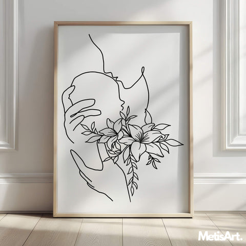 Close-up of Colorful Mother and Baby Art Print with botanical motifs and vibrant hues.