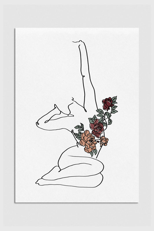 Elegant Woman's Body Pose Surrounded by Intricate Floral Line Art Print 2000